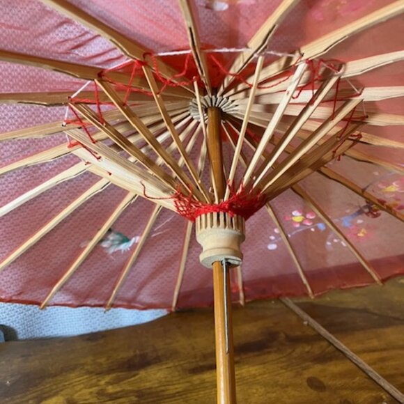 Vintage Transparent Red Fabric Parasol Floral with Butterflies Hand Painted 17"H - Picture 7 of 11